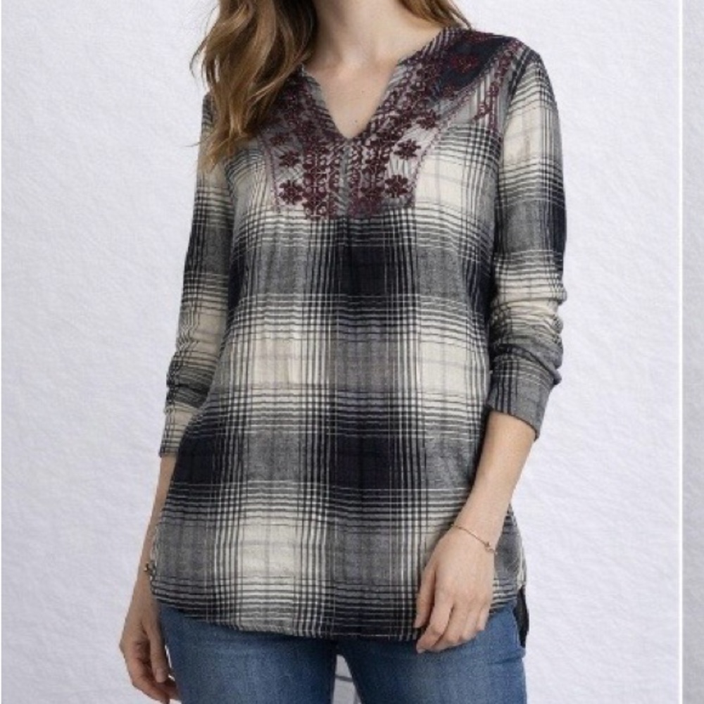 Floreat Anthropologie Women’s XS Black/Cream Plaid Tunic Length Long Sleeve Top